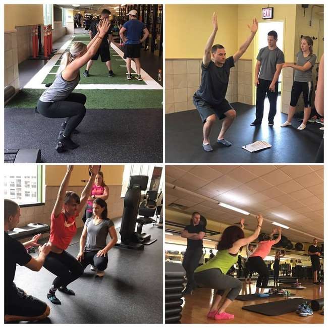 Pictures of workshop participants practicing the Overhead Squat Assessment during Advancement in Exercise Selection