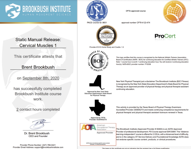 Image of certificate with logos necessary for national-like approval - Static Manual Release: Cervical Muscles 1