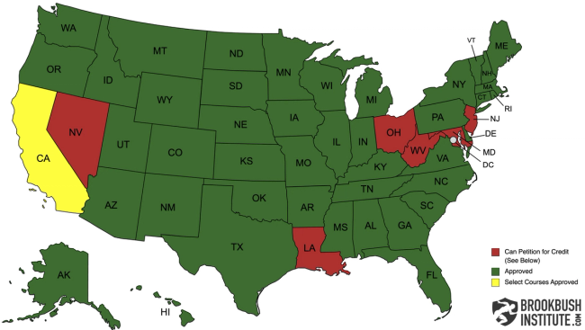 Map of states that accept Brookbush Institute continuing education courses for physical therapists and physical therapy assistants.